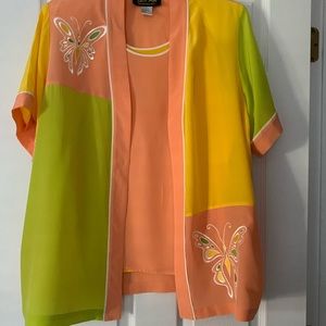 Vintage Bob Mackie Women Embroidered Butterfly Snaps 100% Silk Blouse Tank Lrg